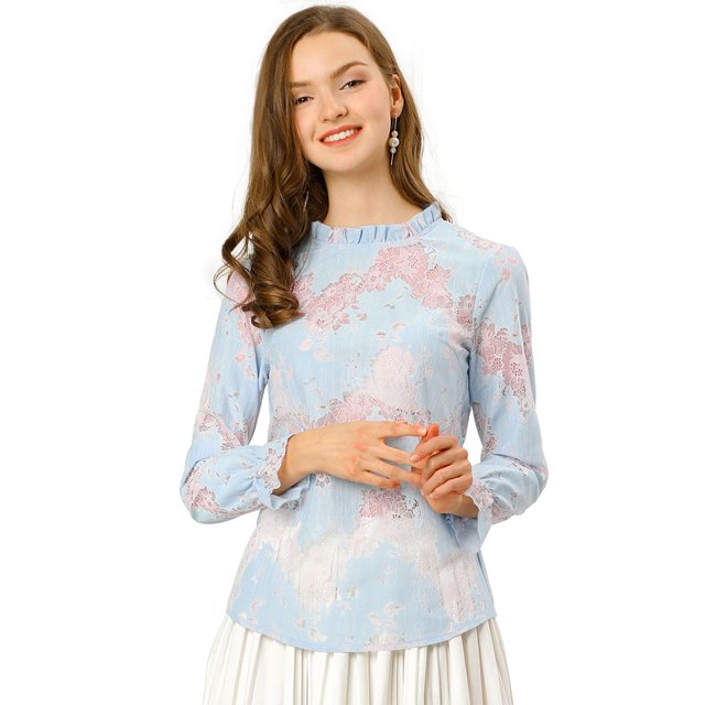 Blusa Floral Cuello Volantes Encaje Ganchillo Rosado azul T M