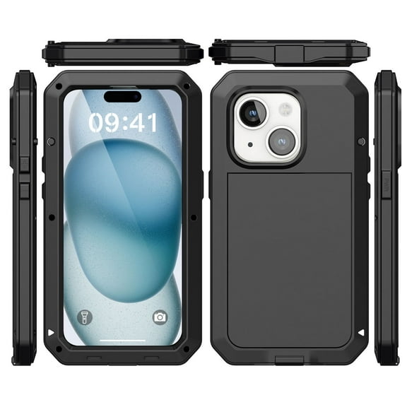 For iPhone 15 Case 360 Full Body Protective Cover Heavy Duty Shockproof [Tough Armour] Aluminum Alloy Metal Case with Silicone Built-in Screen Protector