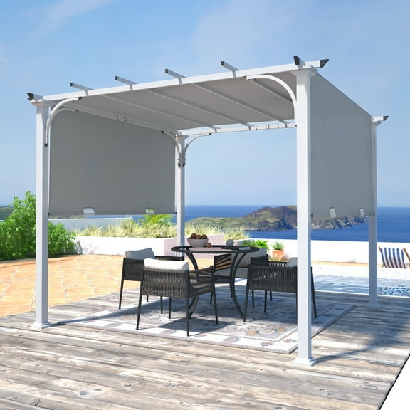 COOS BAY 10 x 10 Outdoor Steel Flat White Pergola with Adjustable Shade Canopy,Gray
