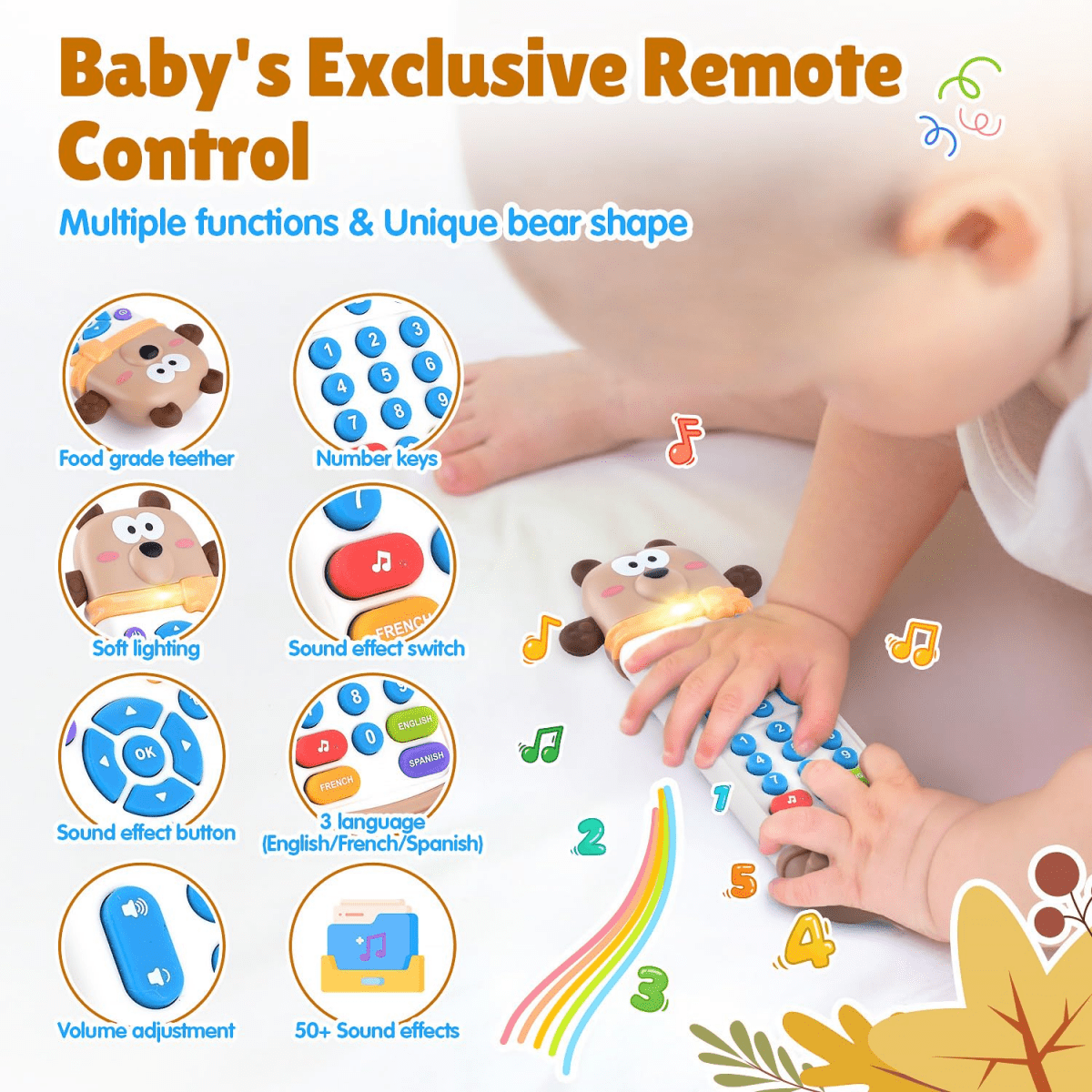Baby Remote Control Toy with Silicone Teether, Remote Teether for Baby with Realistic Lights and Sounds - 3 Languages (English, Spanish & French), Baby Musical Toys Gifts for Boys Girls 6 Month+