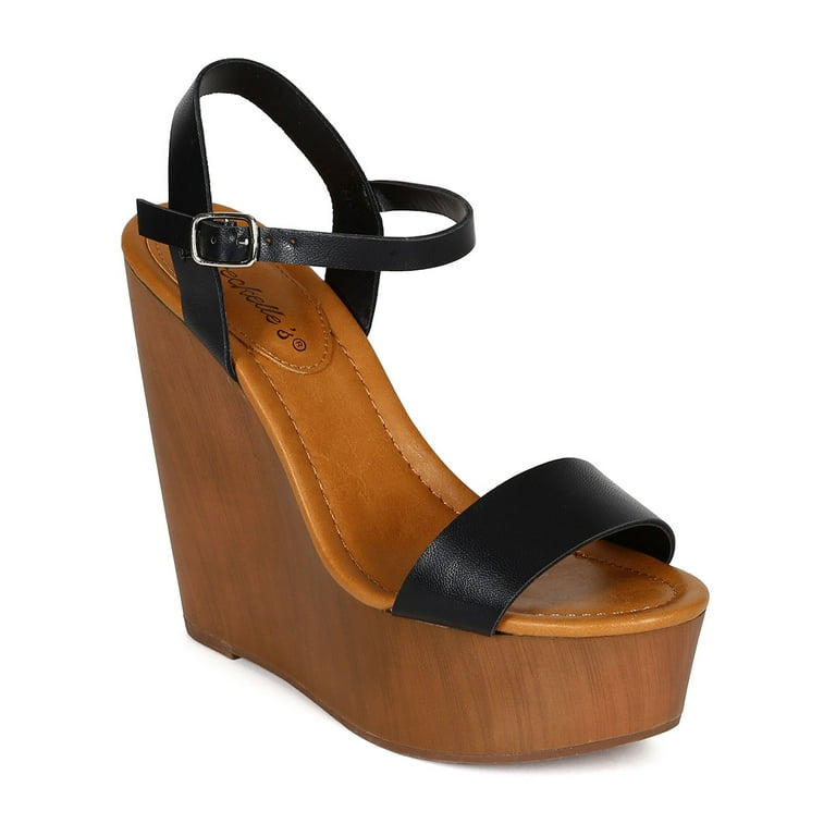 Breckelles CA23 Women Leatherette Open Toe Ankle Strap Wooden Platform Wedge Sandal Walmart
