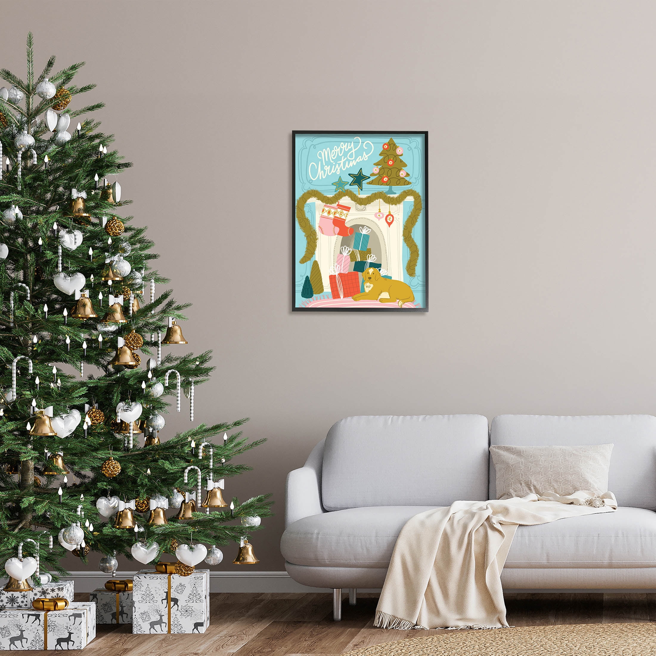 Stupell Industries Whimsical Fireplace Merry Christmas Graphic Art Black Framed Art Print Wall Art, Design by Kristina Hultkrantz