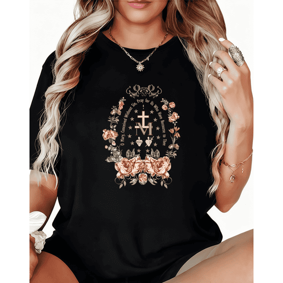 Marian Floral Scriptural Graphic Suitable Tee T-Shirt Top Print Short Sleeve Round Neck Black S-5XL