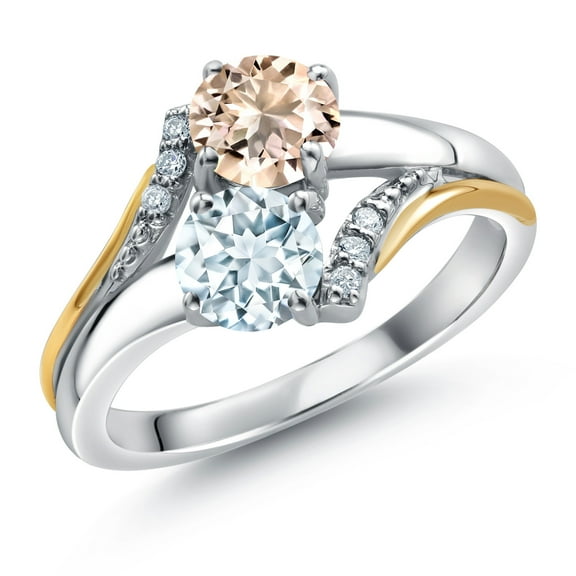 10K Yellow Gold and 925 Silver Sky Blue Aquamarine and Peach Morganite and White Lab Grown Diamond Accent Engagement Ring for Women (0.93 Cttw, Gemstone March Birthstone, Round 5MM, Size 7)