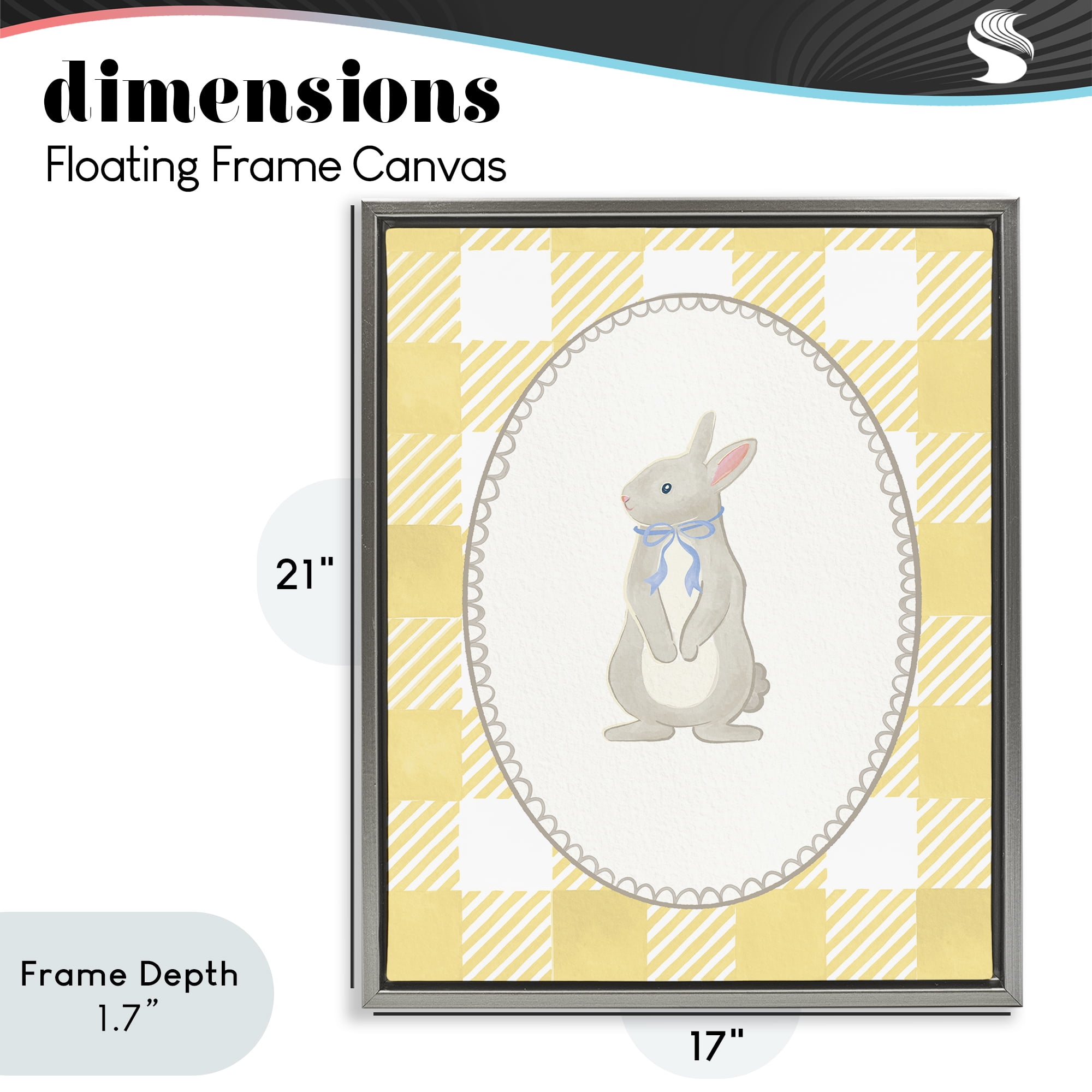 Stupell Industries Little Bunny on Yellow Gingham Gray Framed Floater Canvas Wall Art, design by The Paper Curator