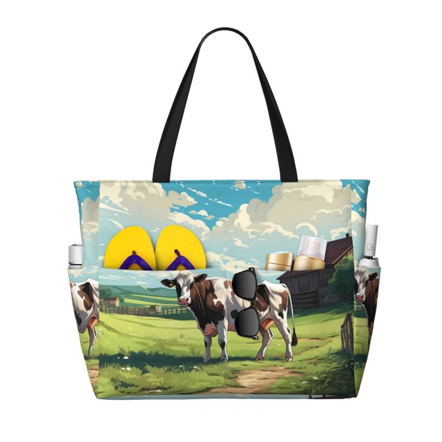 Fotbe Prairie Pasture Cow Bolsa de Viaje para Playa - Resistente al Agua, Bolsa Tote de Gran Capacidad y Ligera con 7 Bolsillos para Mujeres y Hombres
