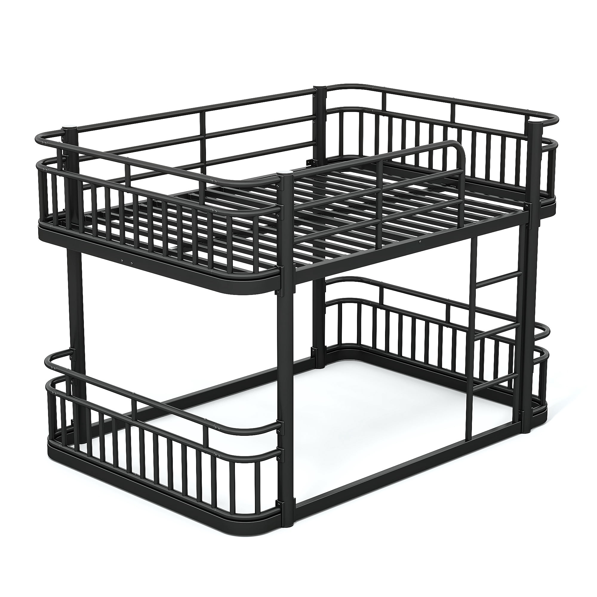 Full Over Full Bunk Bed 76.8 Inch, Metal Bed Frame with Ladder and Guardrails for Kids Teens Adults, Sturdy Round Pipe Construction, No Box Spring Needed, Black