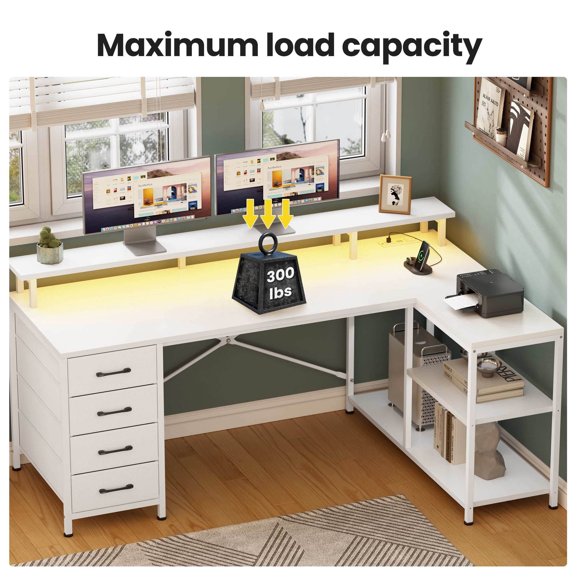 47" Gaming Desk with Power Outlets & LED Lights, L Shaped Desk with Fabric Drawers & CPU Stand, Corner Computer Desk with Open Shelves for Small Space, White