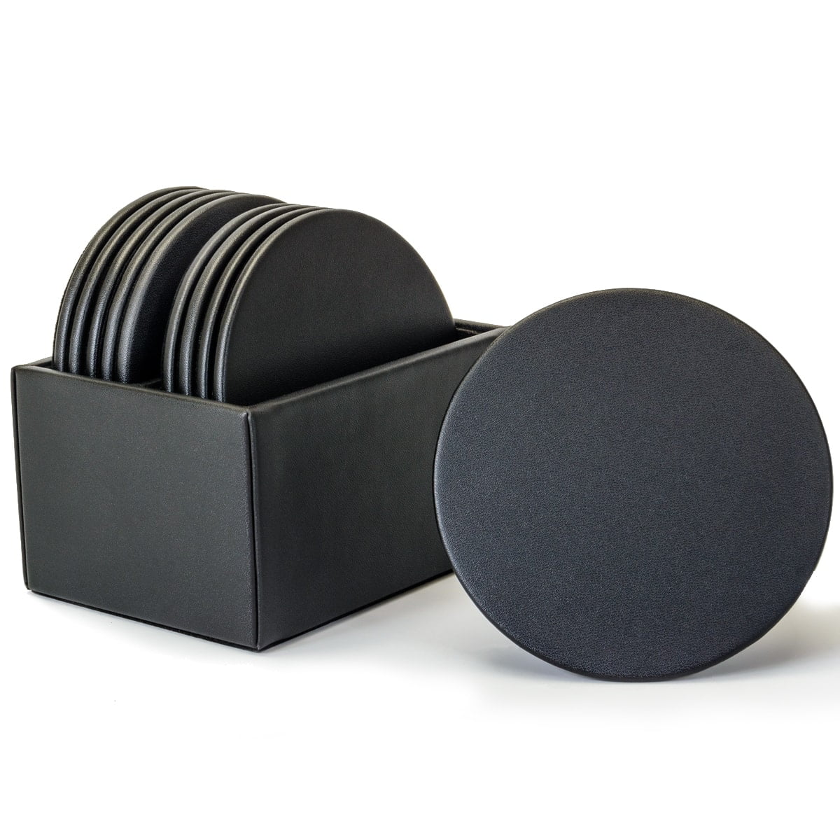 Black Leatherette 10 Round Coaster Set with Holder