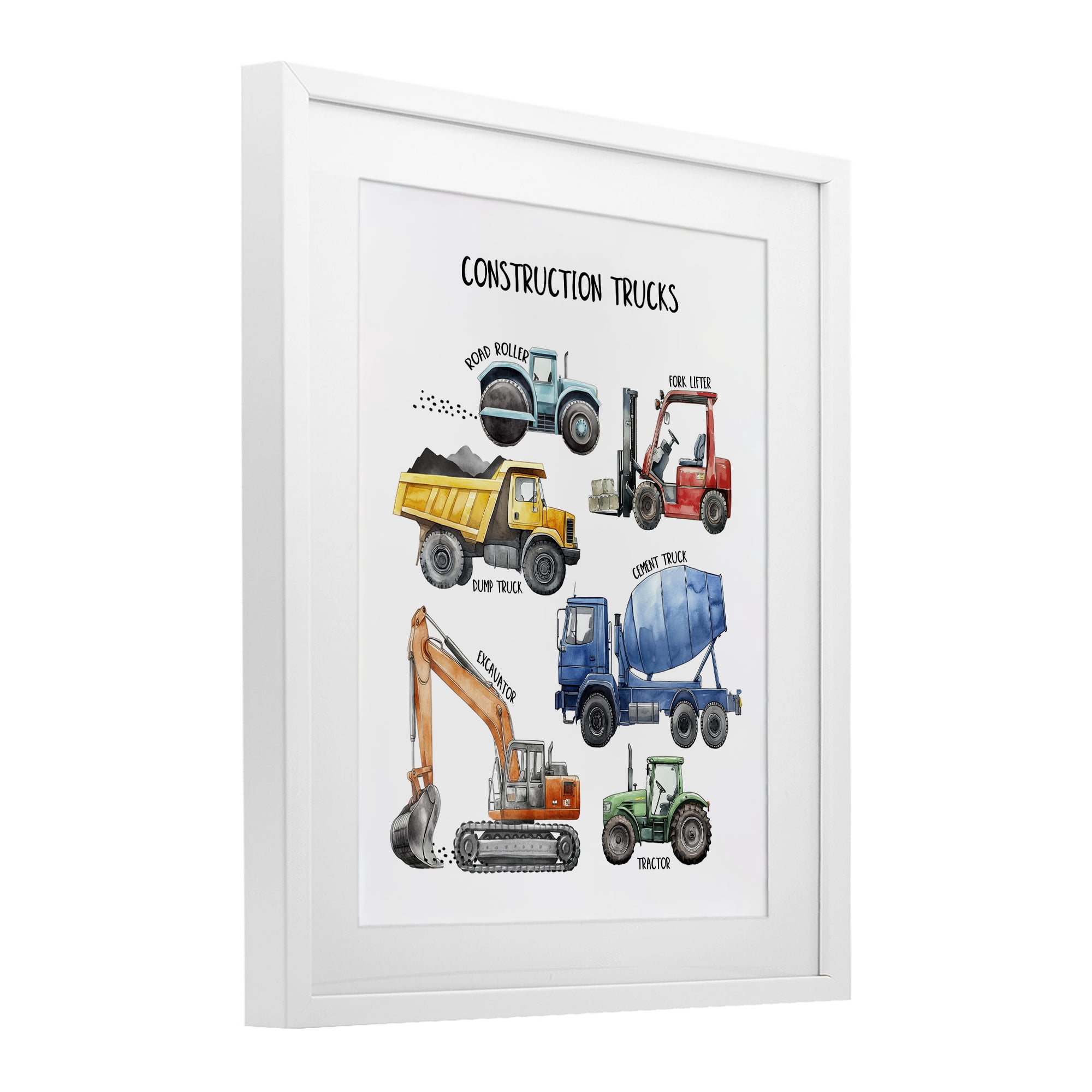Construction Trucks Machinery White Framed Print Under Glass, design by Christine Simpson Art