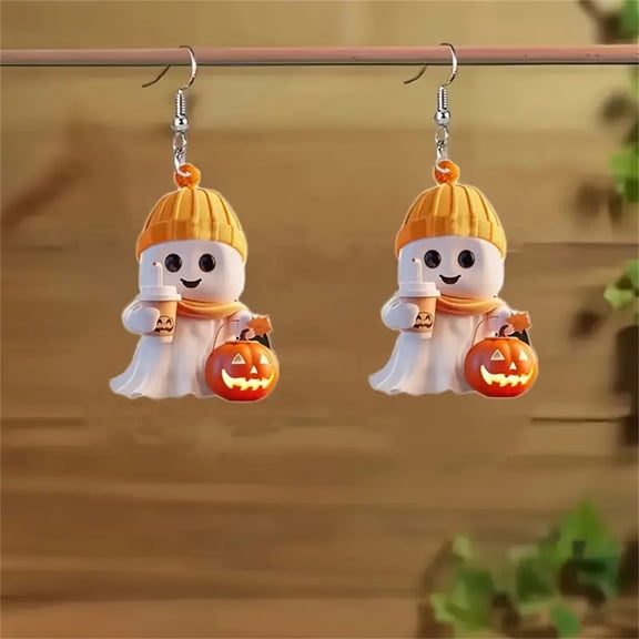 1 Pair Halloween Cartoon Ghost Earrings, Acrylic 2D Flat Pumpkin Dangle Jewelry, Lightweight Festive Accessory for Holiday Party