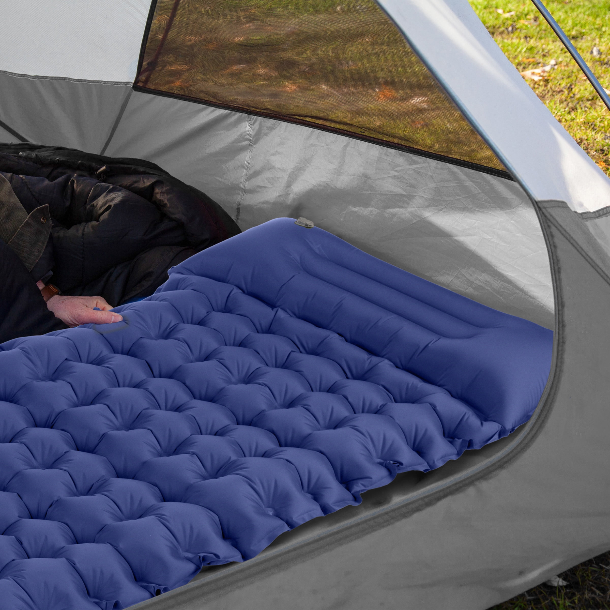 Wakeman Outdoors Sleeping Pad for Camping - Inflatable Mat with Built-in Foot Pump, Waterproof Camp Mattress, Camping Gear Must Haves, Blue