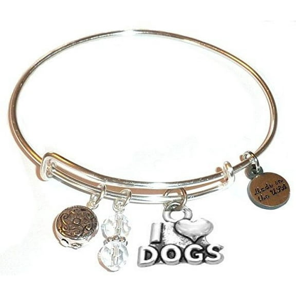 Hidden Hollow Beads "I Love Dogs" Message Charm Expandable Wire Bangle Bracelet, COMES IN A GIFT BOX!