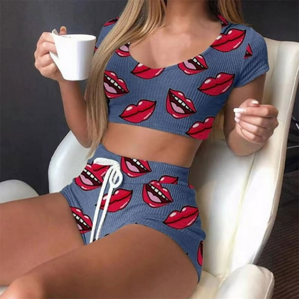 Puntoco Conjunto de pijama cómodo para mujer Pijama de dos piezas para mujer Estampado de corbata En stock Cuello redondo Estampado Ropa de casa