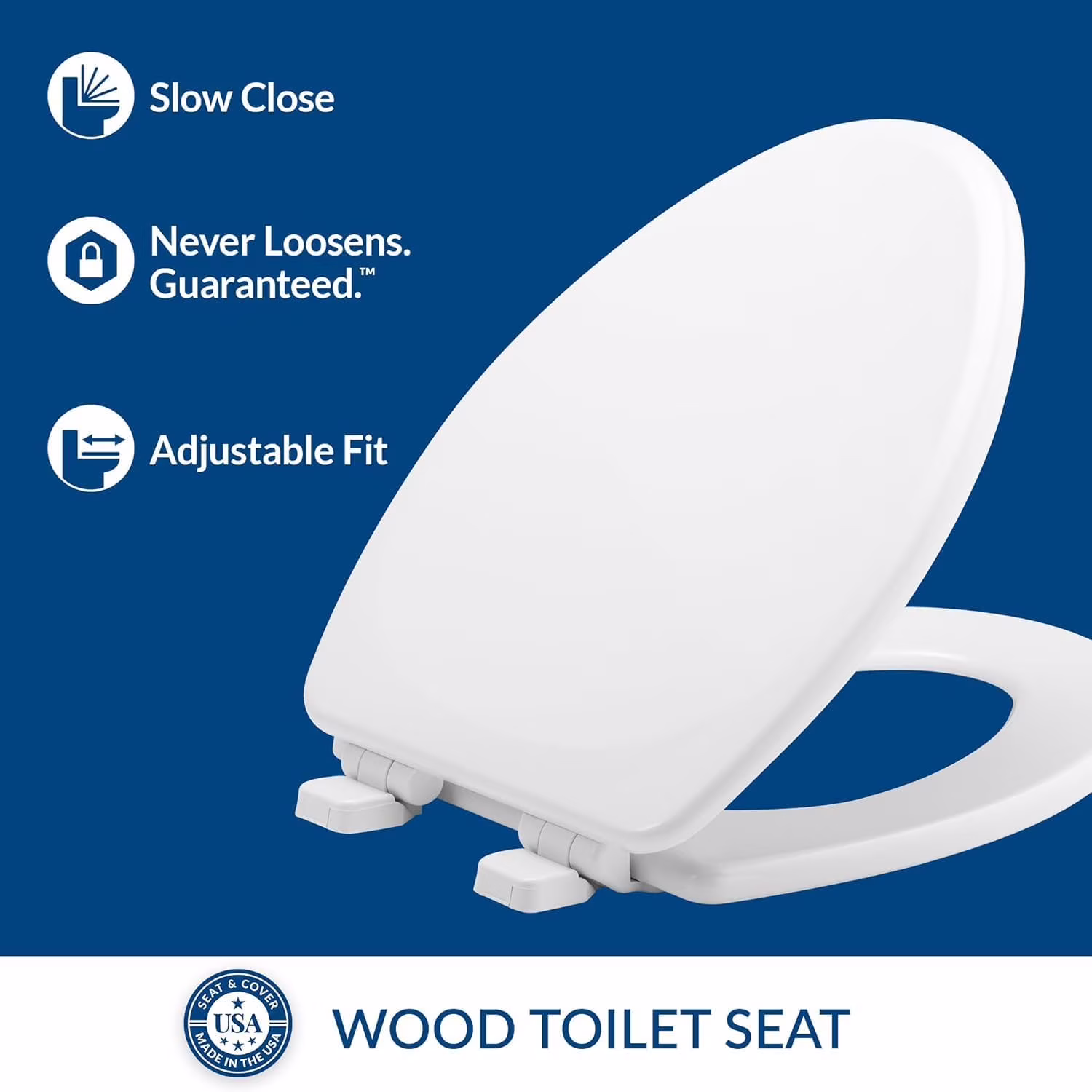 thumbnail image 5 of Mayfair Lannon® Slow Close Elongated Enameled Wood Toilet Seat in White Adjustable and Never Looosens, 5 of 17