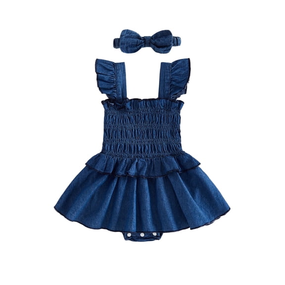 RUINIXCW Newborn Baby Girl Denim Dress Western Cowgirl Outfit Cute Infant Baby Girls Summer Clothes Fly Sleeve Smocked Jeans Romper Dress Jumpsuit Playsuit Headband
