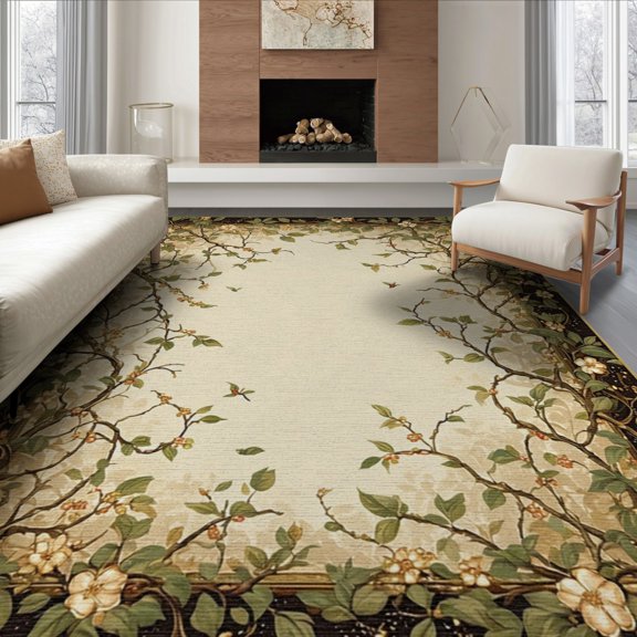 ODIKA 8'x10' Washable Area Rug Durable, Non-Slip Dining Ornate Under Botanical Scroll Border Climbing Vine Table for Living Room, Sectional, Family