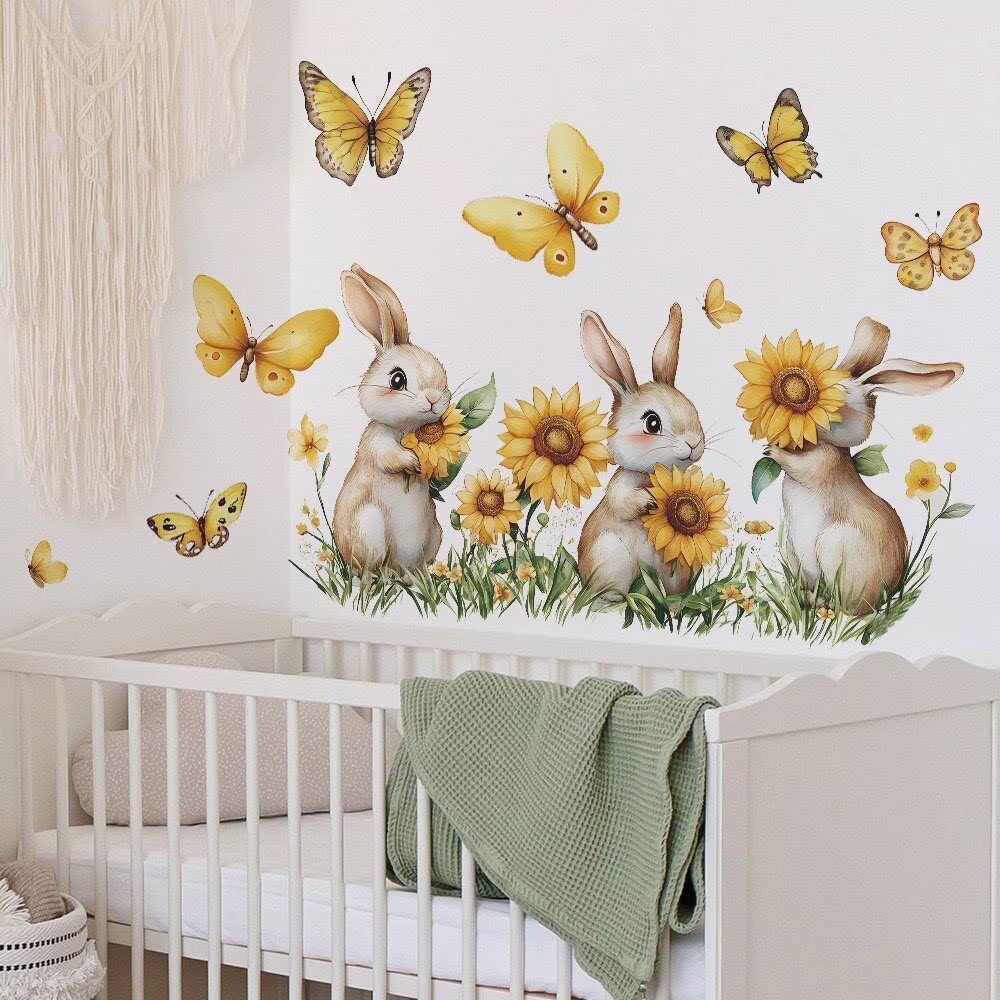 Rabbit and sunflower stickers, flower stickers, sunflowers Peel and Stick Wall Art Decals for Kids Bedroom Baby Nursery