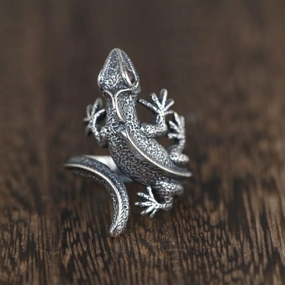 K-KED S925 Sterling Silver Band Men Women Lucky Retro Carved Lizard Ring-default