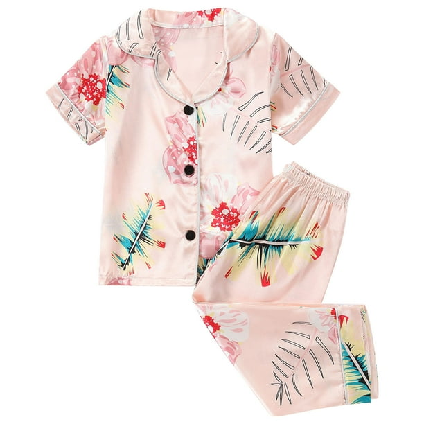 Odeerbi 1-8 Años Niños Niñas Pijama de Verano de Satén Con Solapa de Muesca Camisas de Manga Corta Pantalones Conjunto de Pijama Con Estampado Floral Suave