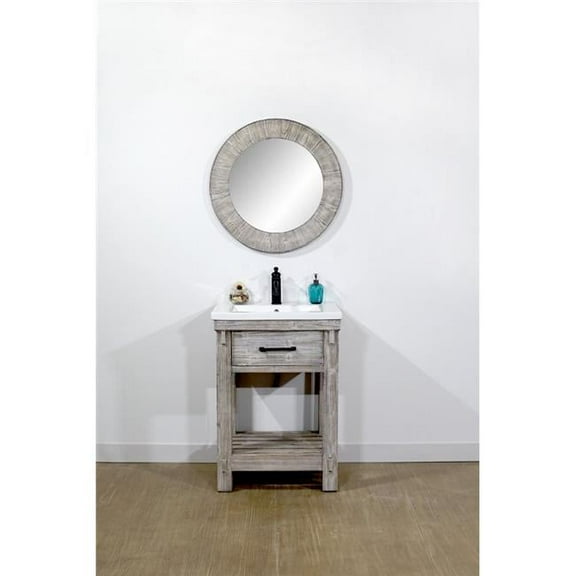 InFurniture WK8424-G 24 in. Rustic Solid Fir Single Sink Bathroom Vanity With Ceramic Top in Grey Driftwood Finish-No Faucet