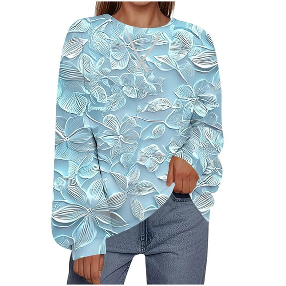 Ovbmpzd Floral Sweatshirt Women Light Blue Graphic Crewneck Soft No Hood Sweatshirts Petite Tops for Women