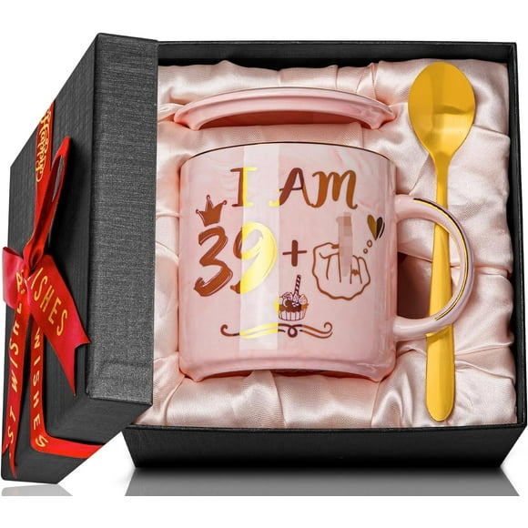 40th Birthday Coffee Mug for Women, 14oz Pink Marble Ceramic Cup with Gold Print, Gift Box and Card