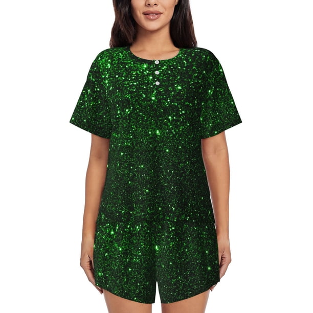 Fotbe Green Sparkling Conjunto de Pijama Estampado para Mujer, 2 Piezas, Ropa de Dormir con Camiseta de Manga Corta y Shorts Suaves-Large