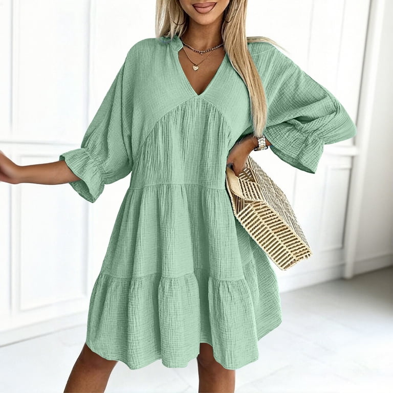 ladies babydoll dresses Yangnuo Women's Solid Color V-Neck Puff Sleeve Mini Dress, Casual Tiered Ruffle Dress V NECKLINE