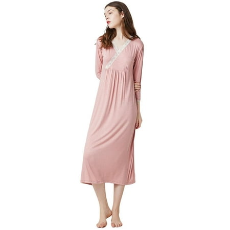 

Women Nightgown Vintage Lace Edge Slim Elegant Long Nightdress Comfy Sleepwear Autumn Winter Homewear Over Knee Pajamas Dress