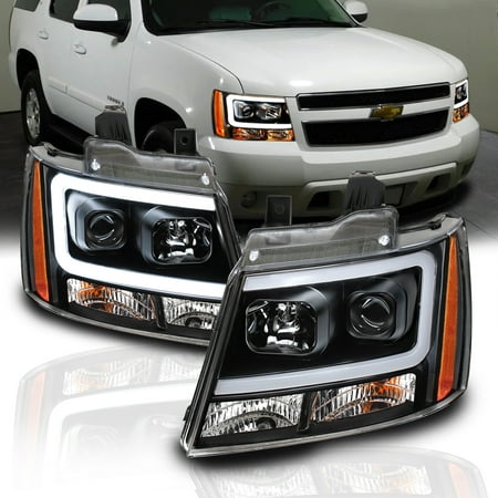AmeriLite 2007-2013 Super Bright LED Bar Projector Black Headlights Pair For Chevy Avalanche Suburban Tahoe Replacement