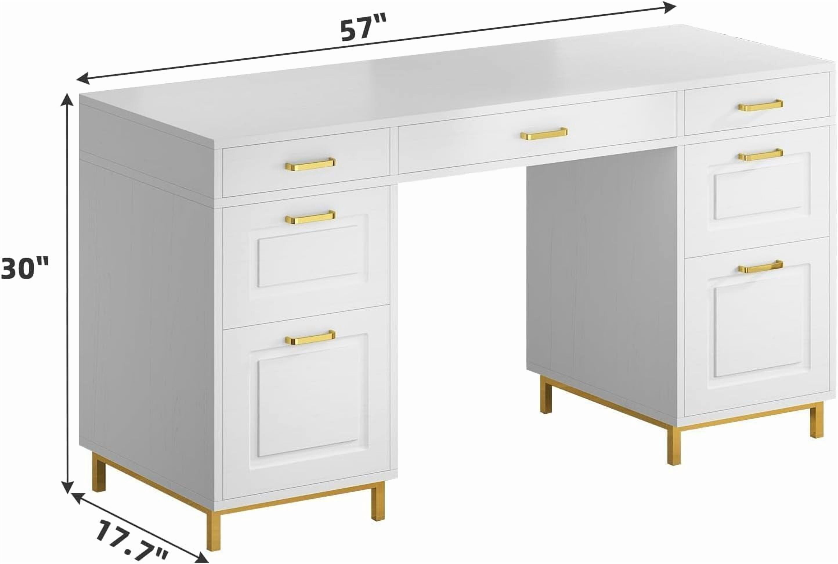 DreamCurship 57" Computer Desk with Storage, White and Gold with 7 Drawers, Executive Desk with File Drawers, Home Office Desk for Home Office, White and Gold
