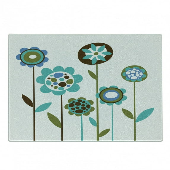 Green Flower Cutting Board, Grunge Floral Doodles Circles and Lines Pattern Geometric Design Retro Leaves, Decorative Tempered Glass Cutting and Serving Board, Small Size, Multicolor, by Ambesonne