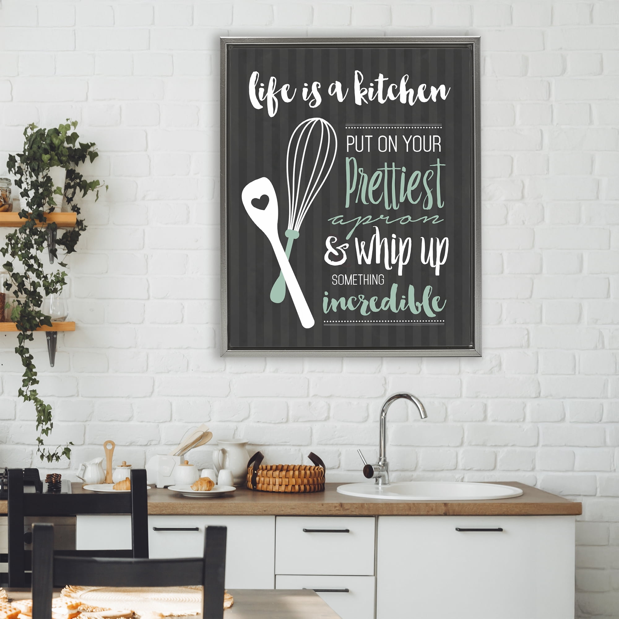 Life Is A Kitchen Motivational Gray Framed Floater Canvas Wall Art, design by Lettered and Lined