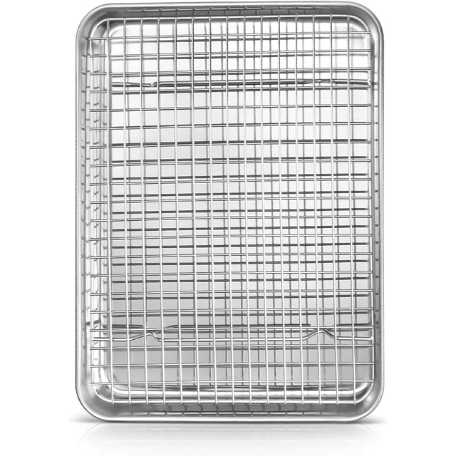 shiyou-12.5 Inch Baking Pan with Rack Set, Quarter Stainless Steel Toaster Oven Tray with Cooling Rack for Cookies/Meats/Bacon, Heavy Duty & Commercial Grade, Mirror Finish & Dishwasher Safe