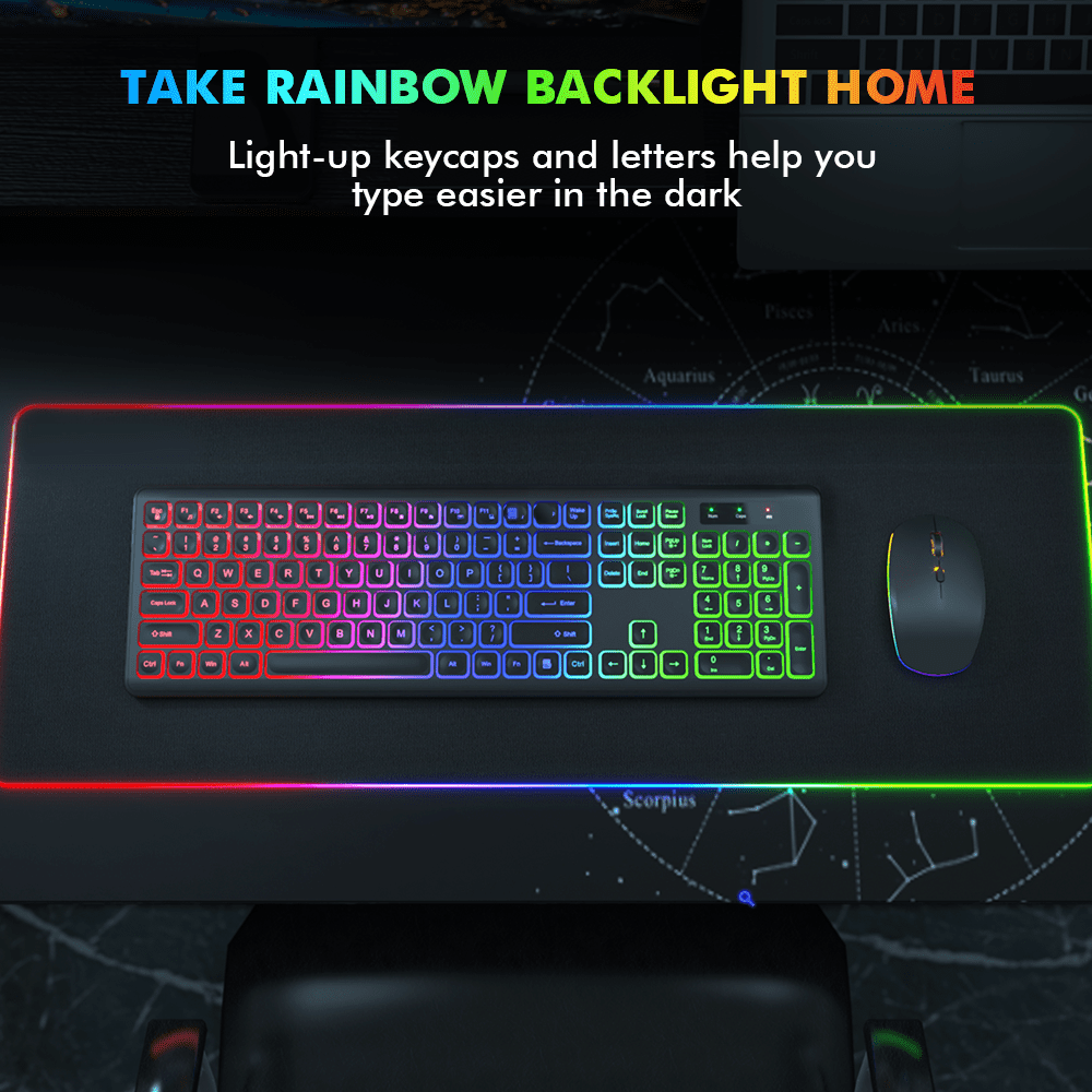 Wagpak Wireless Keyboard and Mouse Combo RGB Backlit Rechargeable 2.4GHz Quiet 108 Keys Keyboard-Black