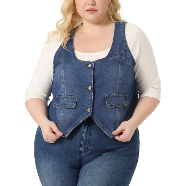 Chaleco de mezclilla para mujeres GRACE & GRANDEUR de talla grande sin mangas con botones, chaleco de mezclilla azul 1X