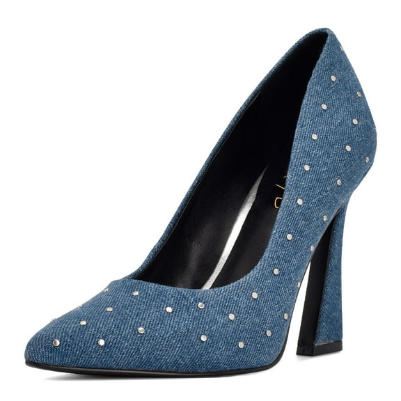 XYD Women Fashion Studs Pointed Closed Toe Slip On Pumps Block High Heels Office Event Party Shoes Size 7 Blue