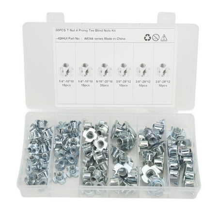

2024 80Pcs T Nuts Carbon Steel Galvanized Layer Rust Resistant Sturdy 1/4in 5/16in 3/8in Pronged Tee Nut