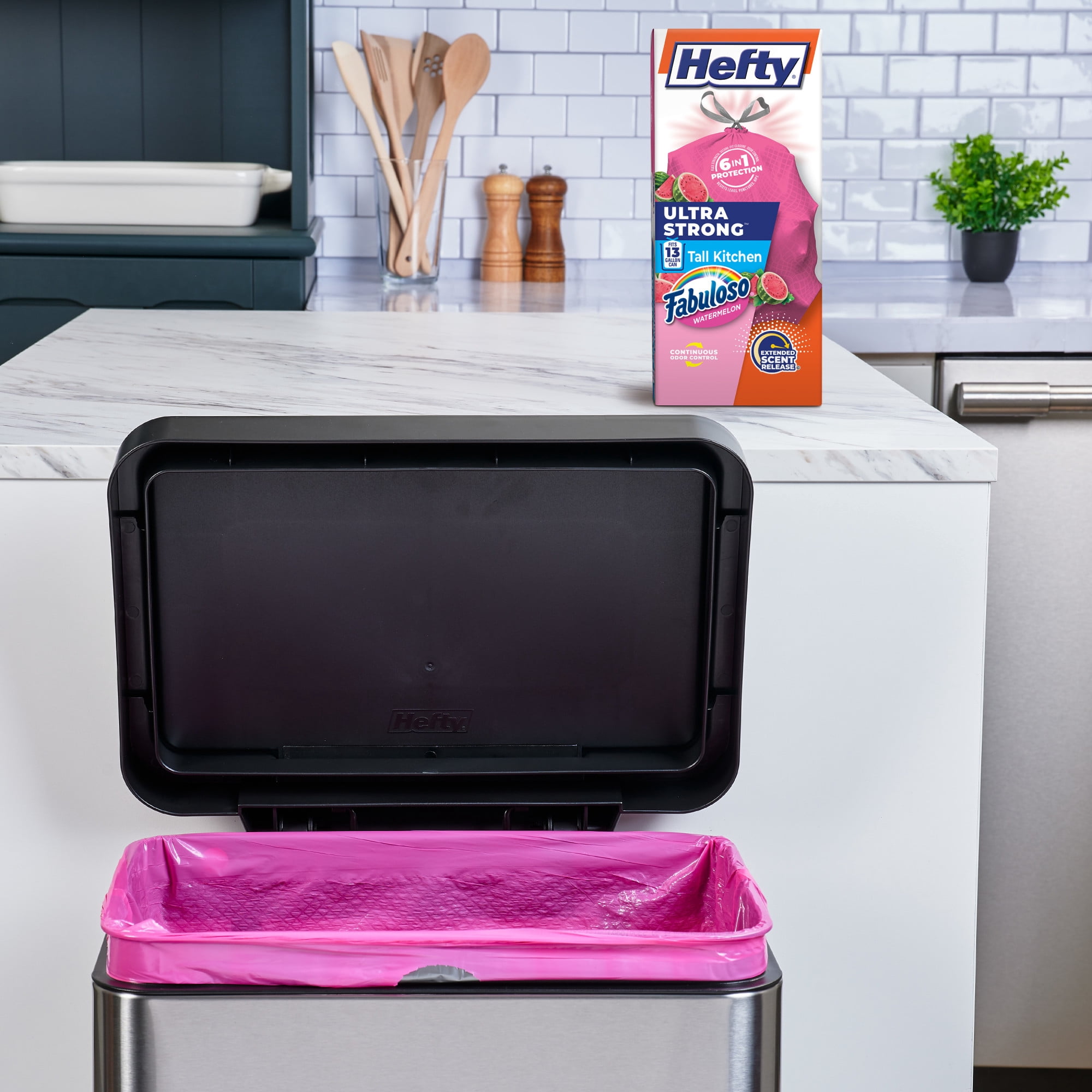(6 pack) Hefty Ultra Strong 13 Gallon Trash Bags, Tall Kitchen Trash Bags, Pink, Fabuloso Watermelon Scent, 40 Bags