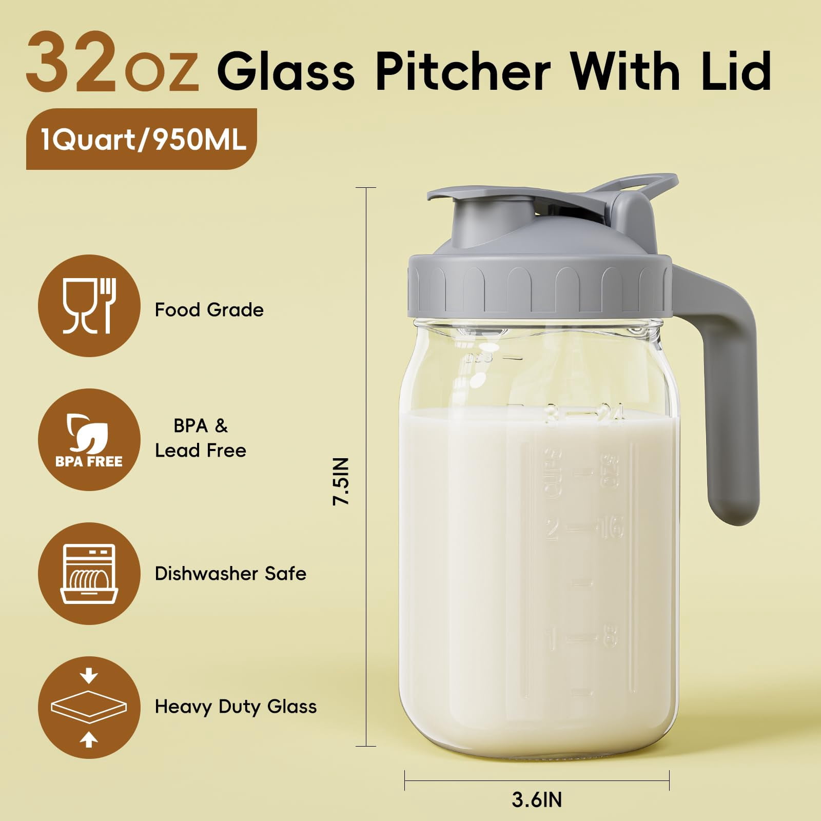 Breast Milk Pitcher - 32 Oz Glass Mason Jar With Dual Leak-proof Design  Airtight Seal Pour Spout & Handle Storage Container For Breastmilk Iced Tea Ice Drinks(gray)