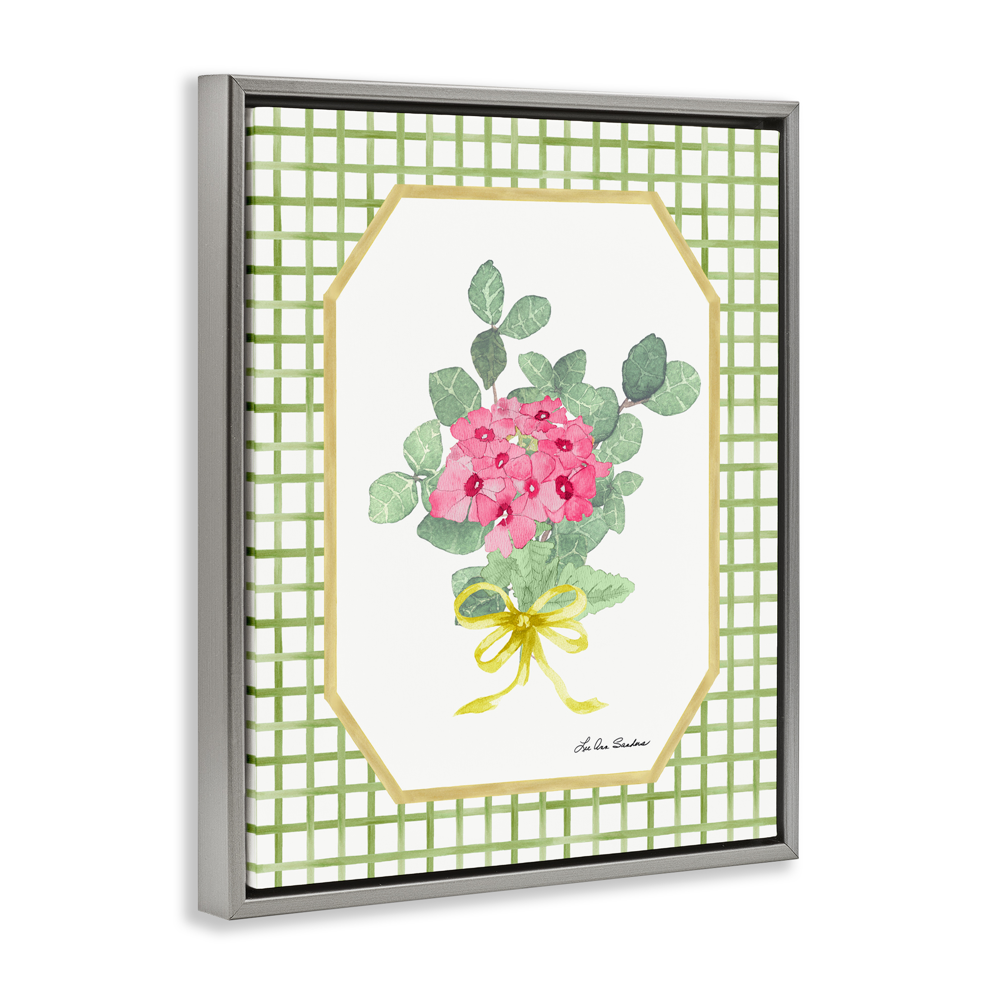 Botanical Story on Grid Pattern Gray Framed Floater Canvas Wall Art, design by Lee Ann Sanders