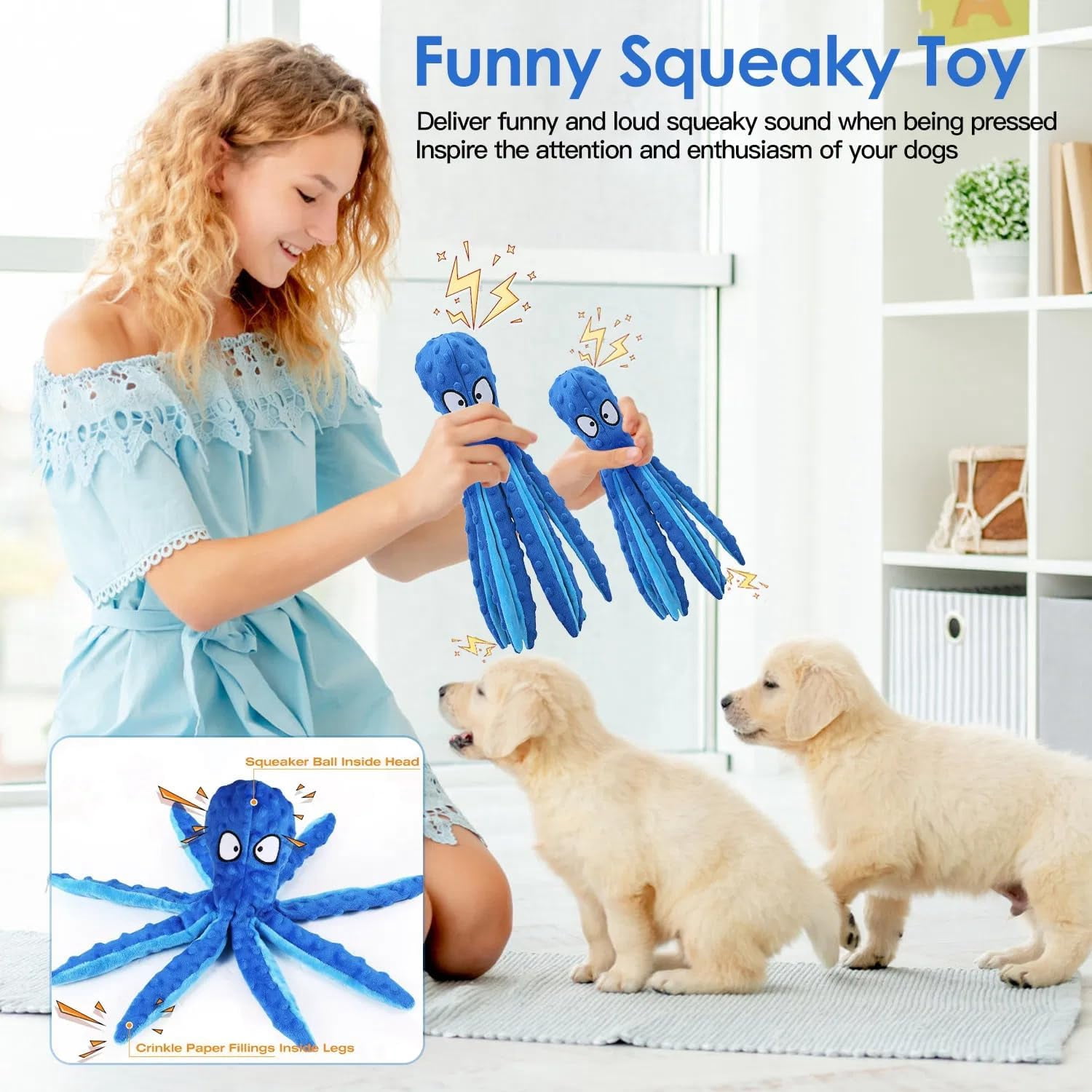 PUPIX 2 Pcs Squeaky Dog Toys No Stuffing Plush Octopus Dog Toy with Crinkle Legs Interactive Dog Teething Training Toy for Puppy Small Medium Large Dogs Stress Relief Chew Play Toys (Blue & Pink)