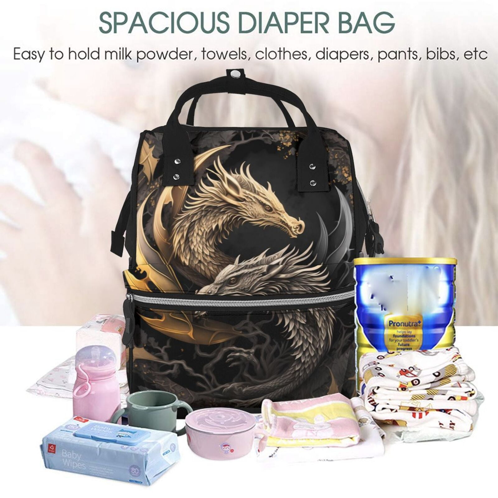 Ratiio Vintage Metal Dragon Mummy Backpack - Waterproof Twill Canvas, Large Capacity Diaper Bag with Multiple Pockets and Adjustable Straps