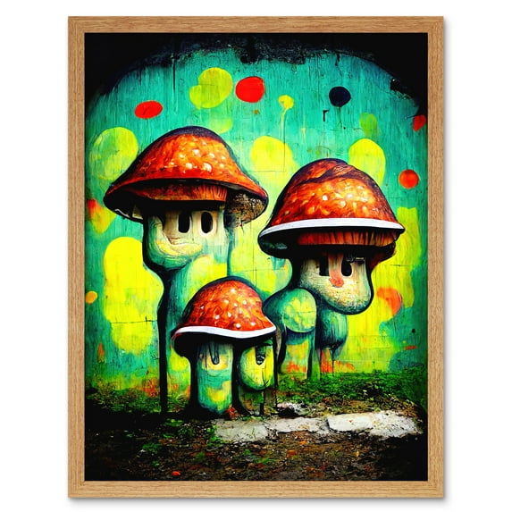 Trippy Red Cap Mushroom Houses Street Art Graffiti Mural Art Print Framed Poster Wall Decor 12x16 inch
