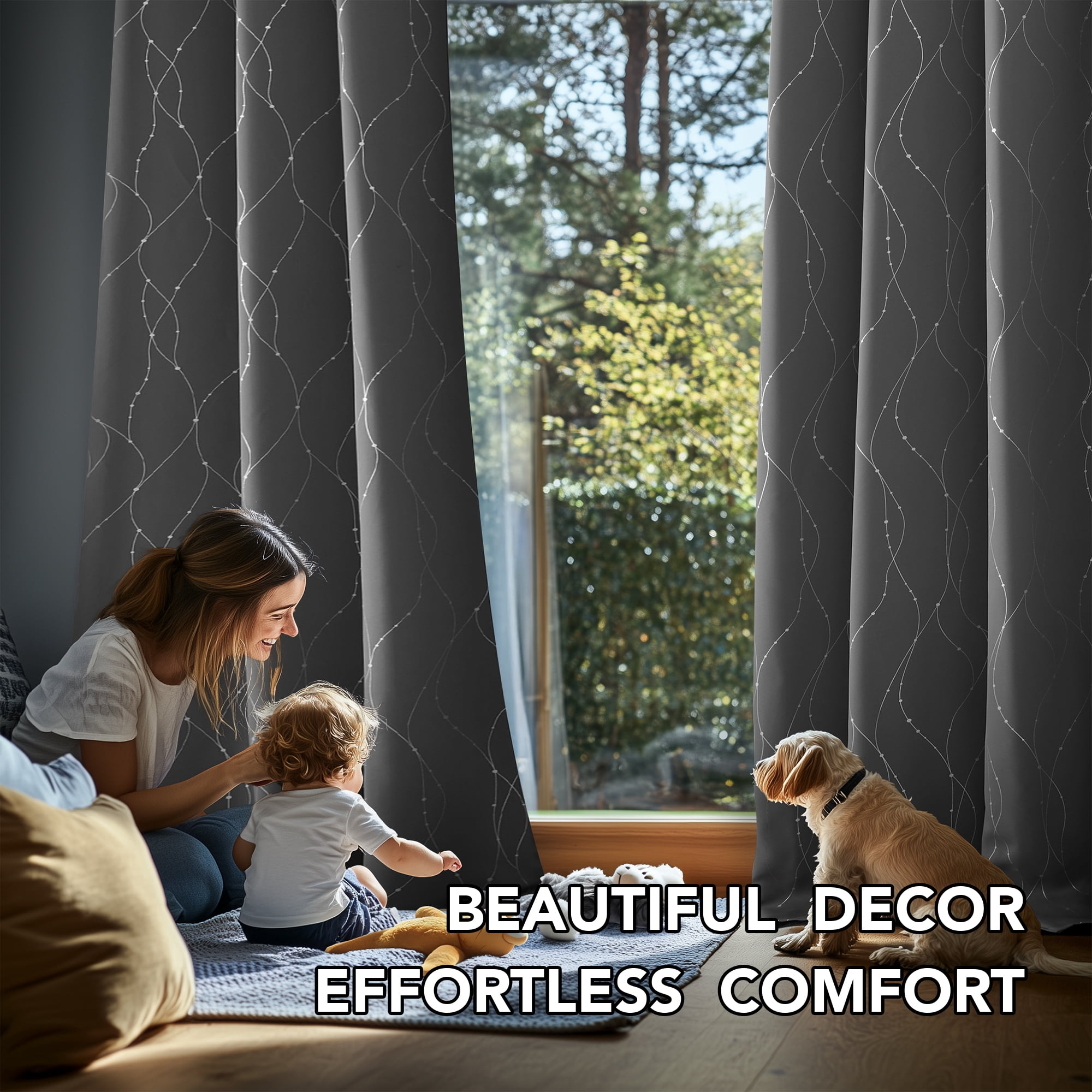 Deconovo Silver Printed Blackout Curtains - 2 Panels, Wave Dots Pattern, Grommet Top, 52"x63", Thermal Insulated Drapes for Bedroom & Living Room, Gray