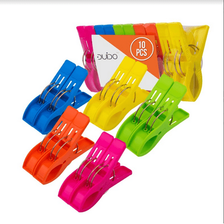 Beach Chair Towel Clips Clamps – 10 PACK Pool Towel Holder and Large Plastic Clamp – ASSORTED COLORS Jumbo Clothespins and Towel Pegs – Heavy Duty Clips for Laundry, Beach, Pool