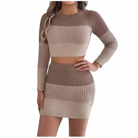 zfwon Women's 2 Piece Outfits Sweater Set Color Blocked Crew Neck Long Sleeve Sweater & Bodycon Mini Skirts Stretchy Knitwear for Autumn Winter Casual & Travel Outfits