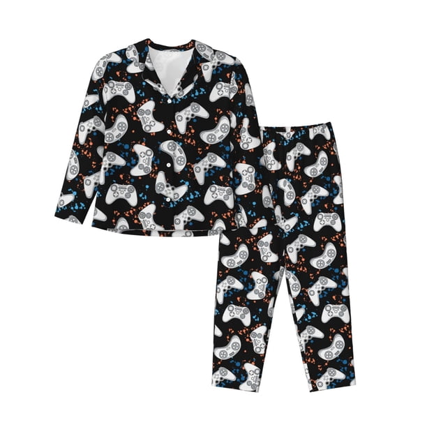 Balery Game Conjunto de Pijama con Estampado para Mujer, Conjunto de Dos Piezas con Manga Larga, Ropa de Dormir Suave con Bolsillos, Pijamas Cómodos-Medium