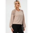 thumbnail image 2 of Womens Long Sleeve Tops Dressy Casual Crewneck Waffle Lace Patchwork Knit T Shirts Trendy Loose Blouses Khaki S, 2 of 5